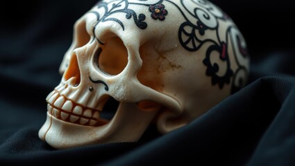 Intricate sugar skull art with vibrant floral patterns and dark background, symbolizing Day of the Dead tradition