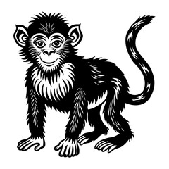 A stylized black and white illustration of a young monkey with a friendly expression standing on all fours with its tail curled