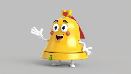 Cheerful yellow bell character with friendly smile, waving hand, and playful heart accessory