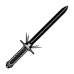 A stylized black and white illustration of a futuristic sword with a long sharp blade and a detailed hilt featuring spikes and a patterned grip