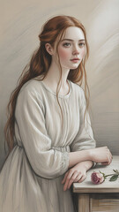 A young woman with delicate features, her hair styled in a simple yet elegant updo, wearing a flowing ivory-colored dress, sitting pensively at a table with a cup of tea, cinematic lighting, detailed 