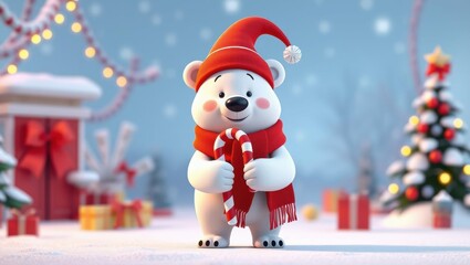 Cute polar bear in festive attire holding a candy cane amidst a snowy Christmas scene with lights and gifts