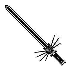 A stylized black and white illustration of a fantasy sword with a spiky hilt and a double edged blade presented on a clean white background with a black border