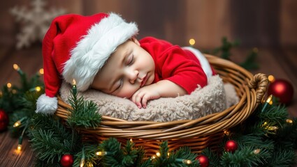 Adorable baby sleeping in a basket wearing a Santa hat surrounded by Christmas decorations and lights