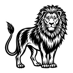 Majestic black and white lion illustration standing proudly with a full mane and tail isolated on a white background representing strength and royalty