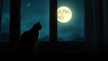 Silhouette of a cat gazing at the full moon through a window in a dark room with a serene night sky