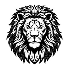 Majestic black and white illustration of a lion s head with a full mane symbolizing strength power and courage isolated on a white background