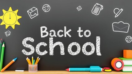 Back to School theme with colorful supplies and icons on a blackboard, promoting education and learning