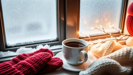 Warm cozy winter scene with hot coffee, mittens, and twinkling lights by a frosty window