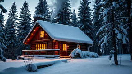 Cozy log cabin nestled in a snowy forest with warm lights glowing through windows and steam rising from the chimney