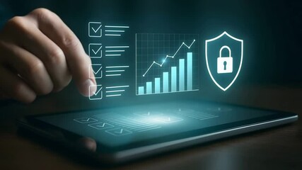 A fingertip taps a glowing checklist beside a rising bar graph and shielded lock on a tablet screen. Concept of secure performance tracking and compliance verification. - Powered by Adobe