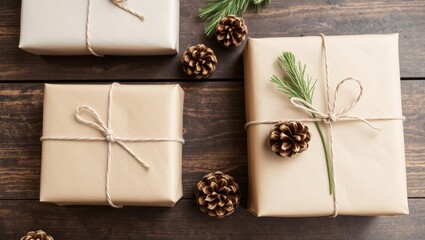 Elegant rustic gift boxes with natural twine bows and pine cones on a wooden table, perfect for holiday gifting