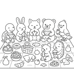 Fototapeta premium Adorable animals having picnic with various food, a coloring page for kids featuring a bear, fox, rabbit, turtle, bird, and hedgehog