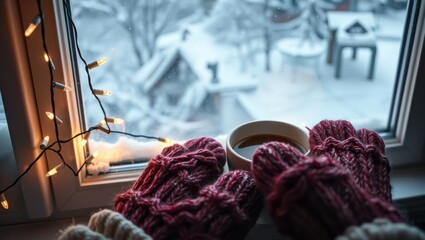 Cozy winter scene with mittens, coffee, and festive lights by a snowy window