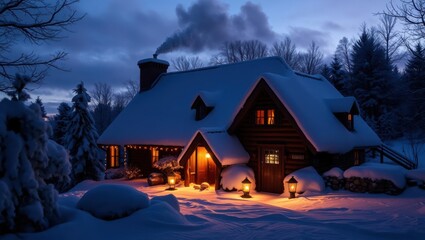 Cozy snow-covered cabin glowing warmly at dusk with lanterns and a chimney puffing smoke
