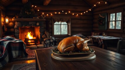 Roasted turkey centerpiece in cozy cabin with warm fireplace and festive lights