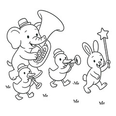 Elephant playing tuba with two ducklings playing trumpet and clarinet, and rabbit holding star shaped magic wand, forming marching band