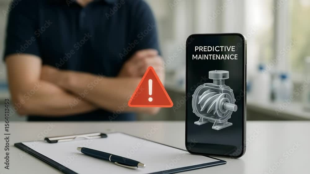 Poster a phone on a lab desk shows a rotating pump model flagged by a red warning for predictive maintenanc