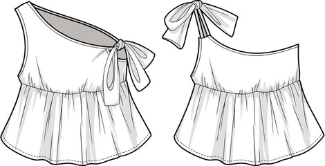 One Shoulder Women’s Top Flat Sketch, Fashion CAD Template with Bow Tie Detail, Trendy Asymmetrical Peplum Blouse Design for Designers and Clothing Brands