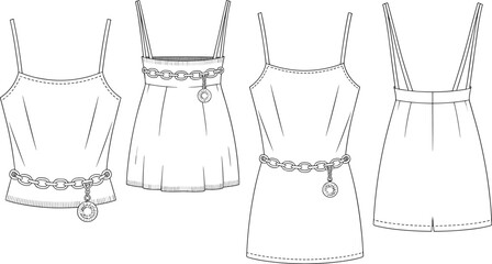 Trendy Women’s Fashion Flat Sketches, Chain Belt Outfits, Stylish Spaghetti Strap Tops, Dresses, Skirts and Rompers, Fashion CAD Templates for Designers and Brands