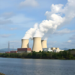 Modern Nuclear Power Plant at day time with  Steam at the Towers