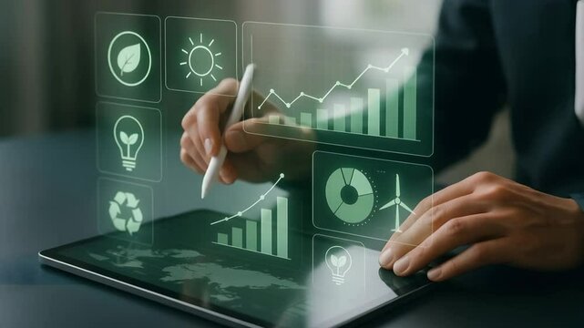 A stylus draws across a tablet as translucent green charts of solar, wind and recycle icons glow. Concept of sustainability analytics guiding environmental strategy.