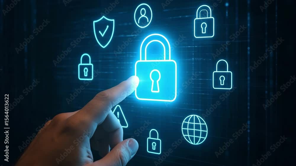 Poster a fingertip selects a glowing padlock among neon security icons on a virtual wall. concept of intera