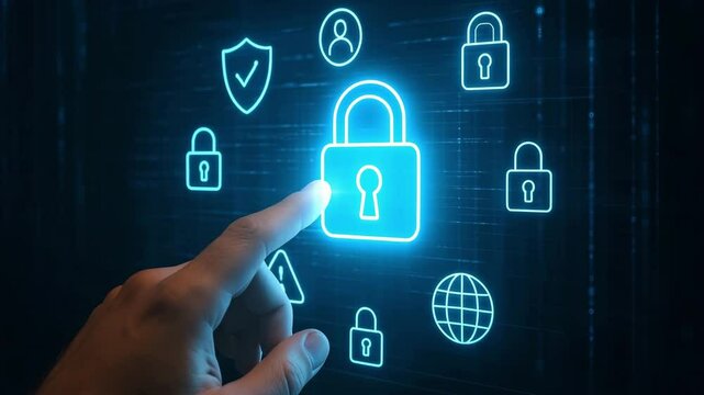 A fingertip selects a glowing padlock among neon security icons on a virtual wall. Concept of interactive cyber defence and data access control.