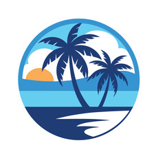 Silhouetted coconut trees on beach with blue gradients – vector icon