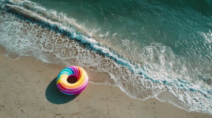 Colorful inflatable ring on sandy beach near ocean waves