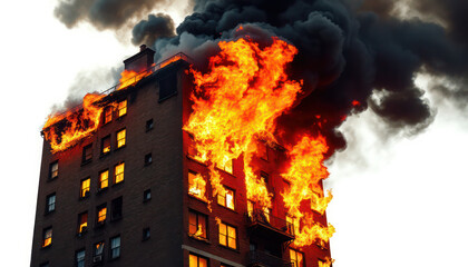 A building engulfed in flames, with thick black smoke billowing from the top floors and windows.