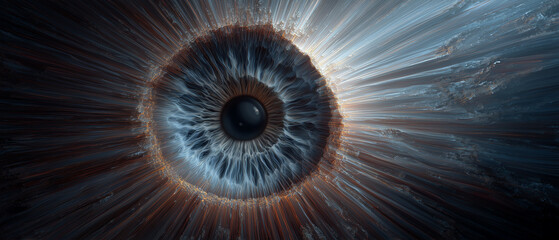 disturbing enormous abstract iris on panoramic background; futuristic art