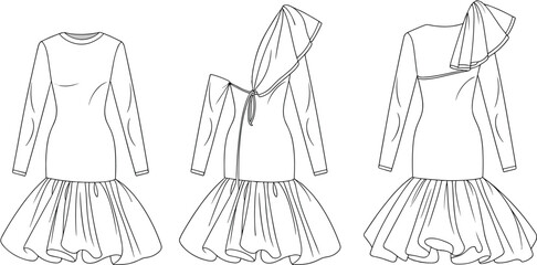 Voluminous drop-waist ruffle dresses – long sleeve gown with hood, sash drape, gathered skirt technical fashion flat sketch