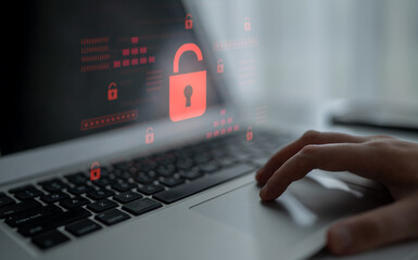 Digital security concept illustrating a cybersecurity breach, with a red unlocked padlock...