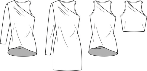One shoulder asymmetric top and dress flat sketch – fashion design with sleeveless, long sleeve, and curved hem variations