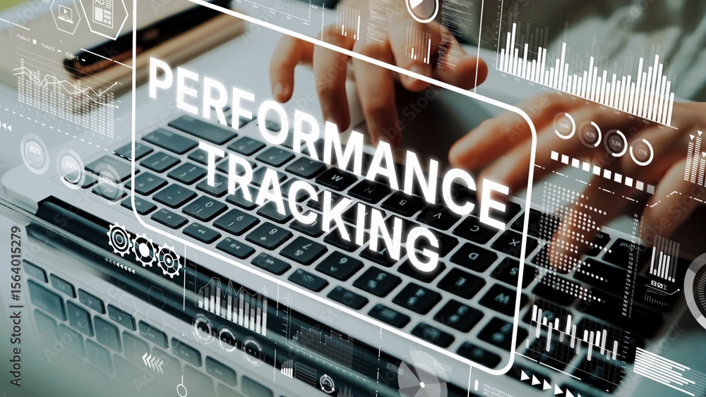 Poster focused hands on laptop keyboard with digital performance tracking graphics and data visualizations 