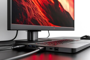 Powerful laptop connected to an external monitor displaying a vibrant red abstract design, showcasing a modern workspace setup