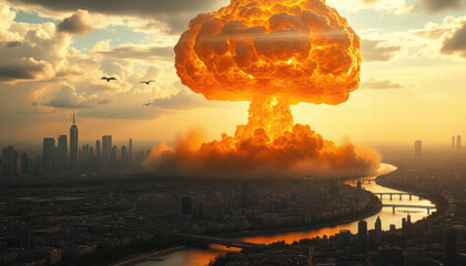 A massive nuclear explosion devastates a sprawling cityscape at sunset, with distant aircraft visible.