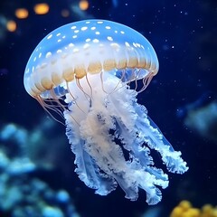 Translucent jellyfish drifts through dark ocean water in motion high resolution picture
