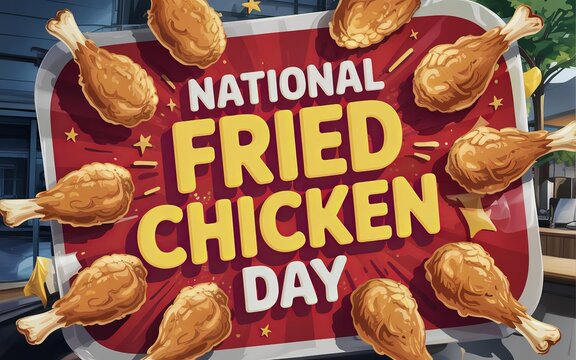 National Fried Chicken Day, Bold yellow text over red background announces food-themed celebration.