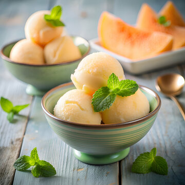 Cantaloupe sorbet served in a small bowl with fresh mint garnish on a light blue wooden table. Delicious frozen dessert with a fresh taste and appealing visual presentation.