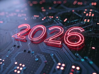 2026 New Year Technology Circuit Board Digital Future Tech Background