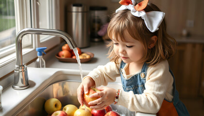 Little girl washing apples happily in the kitchen with a cheerful atmosphere