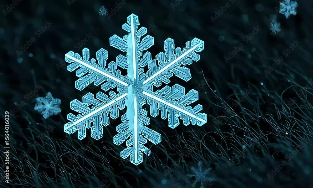 Poster detailed macro view of a beautiful snowflake isolated against a dark background showing intricate de