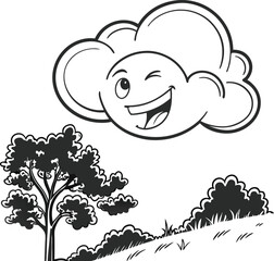 Vector illustration of an abstract tree with floral elements and heart-shaped leaves under a summer sky, perfect for a nature-themed design