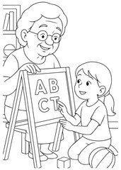 Coloring book grandma teaching letters to her granddaughter.