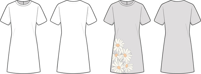 T-shirt dress flat – women’s short sleeve dress with daisy floral print and fashion technical flat sketch front and back © Md