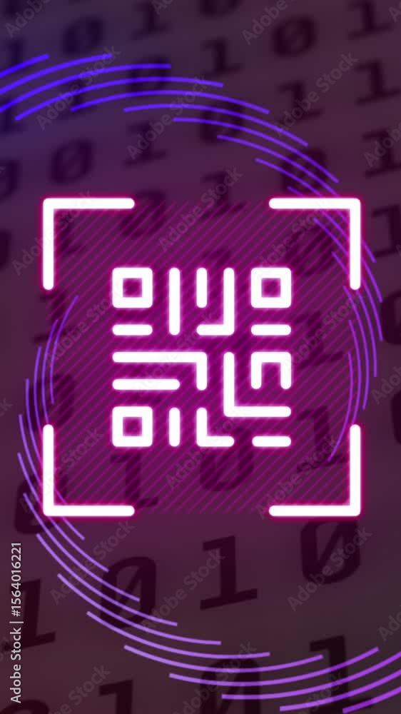 Poster animation of qr code and spinning purple shapes over binary coding