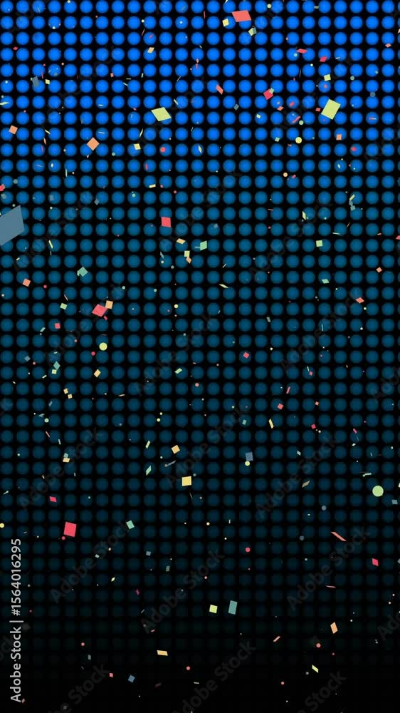 Poster animation of confetti falling over gradient dots on blue background