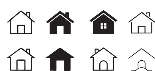 Home Icons Collection – Black and White House Symbols, Vector Line and Filled Style for Website, App UI, Real Estate, Map, Navigation, Interface Design